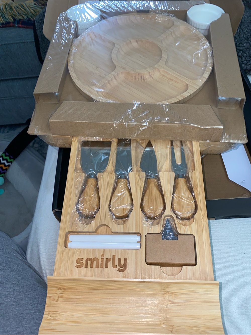 Charcuterie, Bamboo Cheese Board & Knife Set with two ramekins- Natural Wood